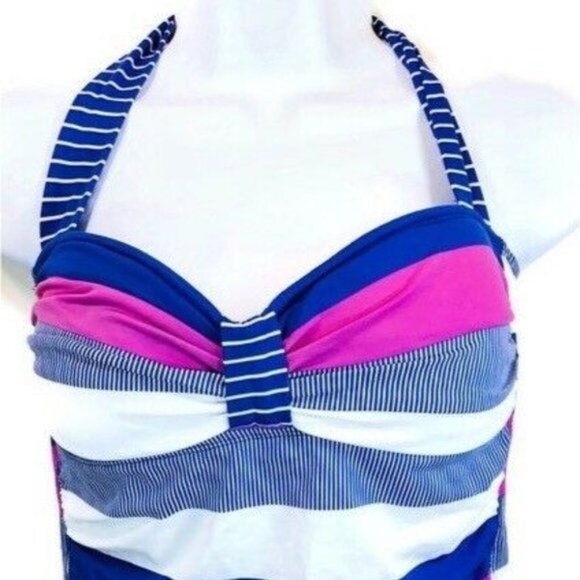 Tommy Bahama Blue Pink Stripe Halter Tankini S Rare - Picture 3 of 12